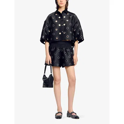 Sandro Womens Black Rhinestone-embellished Cut-out Cropped Woven Shirt In Black