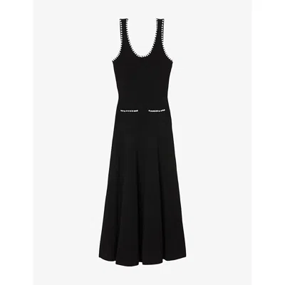 Sandro Womens Black Scoop-neck Bead-embellished Stretch-knit Midi Dress