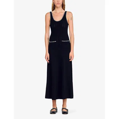 Sandro Womens Black Scoop-neck Bead-embellished Stretch-knit Midi Dress