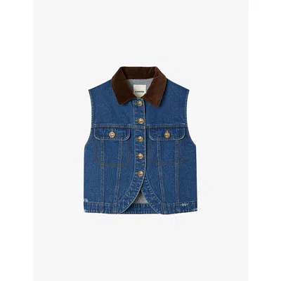 Sandro Womens Blue Jean Contrast-collar Button-down Sleeveless Denim Jacket In Blue