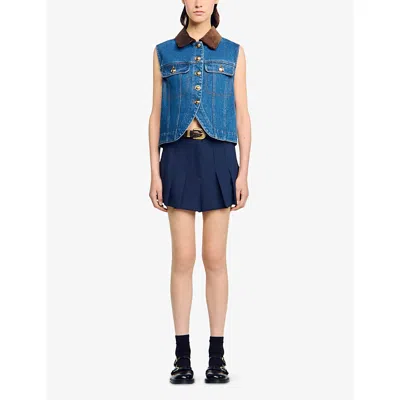 Sandro Womens Blue Jean Contrast-collar Button-down Sleeveless Denim Jacket In Blue