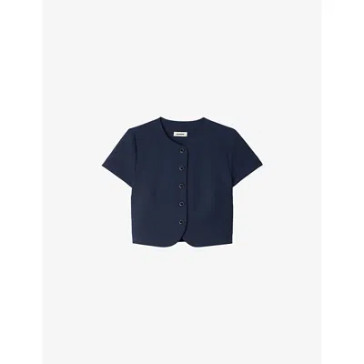 Sandro Womens Navy Blue Round-neck Button-down Stretch-woven Crop Top In Blue