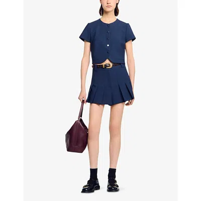 Sandro Womens Navy Blue Round-neck Button-down Stretch-woven Crop Top In Blue