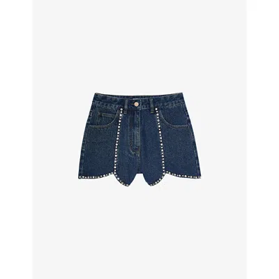 Sandro Womens Blue Jean Rhinestone-embellished Tulip-hem Denim Shorts