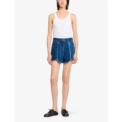 Sandro Womens Blue Jean Rhinestone-embellished Tulip-hem Denim Shorts