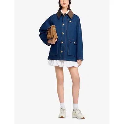 Sandro Womens Blue Jean Contrast-collar Regular-fit Denim Jacket In Blue