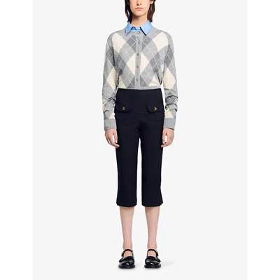 Sandro Womens Black Capri Button-embellished Stretch-woven Trousers In Black