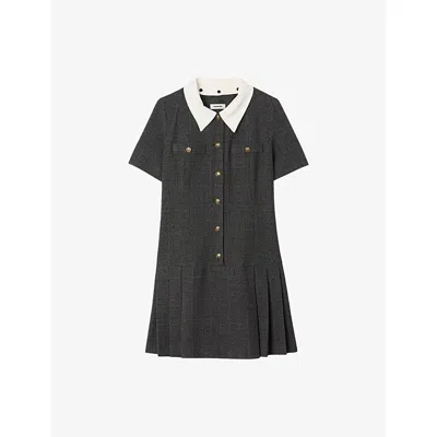 Sandro Womens Grey / Brown Rhinestone-embellished Short-sleeve Pleated Stretch-woven Mini Dress