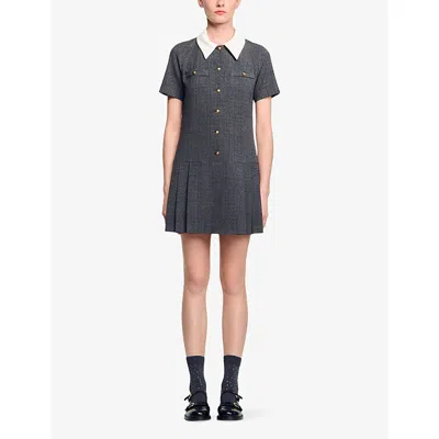 Sandro Womens Grey / Brown Rhinestone-embellished Short-sleeve Pleated Stretch-woven Mini Dress