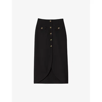 Sandro Womens Black Button-down High-rise Stretch-woven Midi Skirt