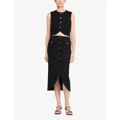 Sandro Womens Black Button-down High-rise Stretch-woven Midi Skirt
