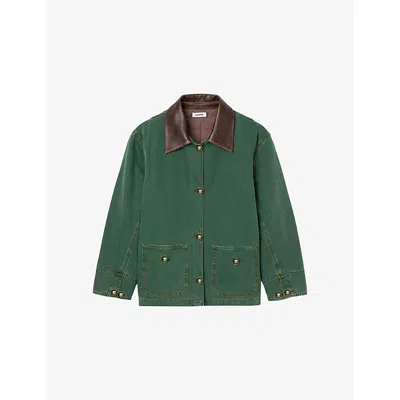 Sandro Womens Dark Green Contrast-collar Button-down Cotton Jacket In Green