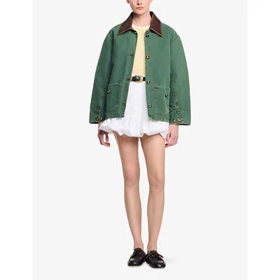 Sandro Womens Dark Green Contrast-collar Button-down Cotton Jacket In Green