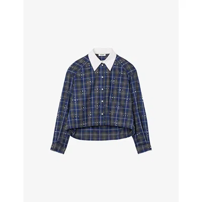 Sandro Womens Blue Rhinestone-embellished Relaxed-fit Checked Cotton Shirt In Blue