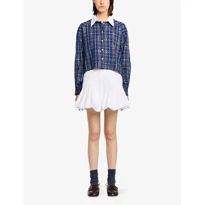 Sandro Womens Blue Rhinestone-embellished Relaxed-fit Checked Cotton Shirt In Blue