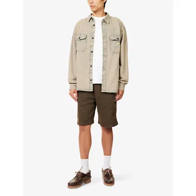 Carhartt Mens Blue / Leather Tigan Brand-patch Cotton Denim Shirt In Brown
