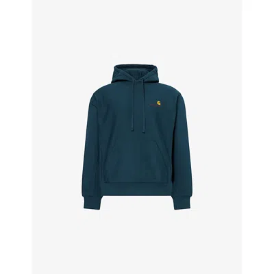 Carhartt Mens Deep Lagoon American Script Logo-embroidered Cotton Hoody Xl In Blue