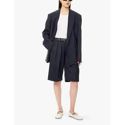 The Frankie Shop Womens Navy Bilbao Pleated Wool Bermuda Shorts
