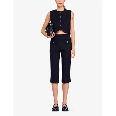 Sandro Womens Black Round-neck Button-down Sleeveless Stretch-woven Crop Top