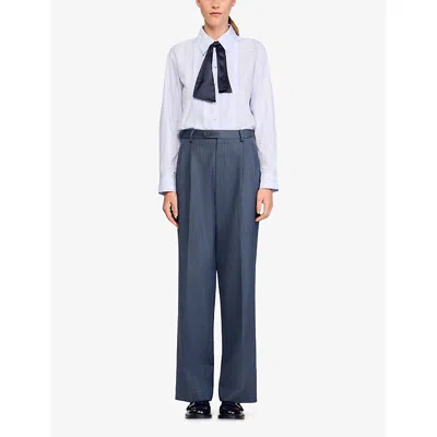 Sandro Womens Blue Striped Straight-leg Mid-rise Stretch-woven Trousers