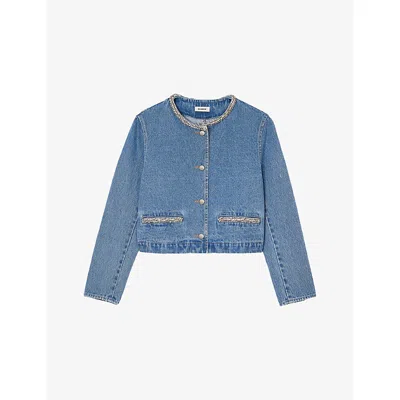 Sandro Womens Blue Jean Rhinestone-embellished Round-neck Denim Jacket In Blue