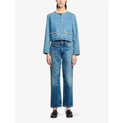 Sandro Womens Blue Jean Rhinestone-embellished Round-neck Denim Jacket In Blue