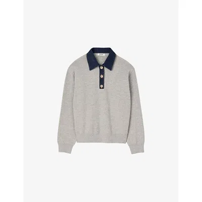Sandro Womens Grey Denim Button-down Polo-collar Knitted Jumper In Gray