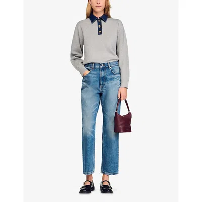 Sandro Womens Grey Denim Button-down Polo-collar Knitted Jumper In Gray