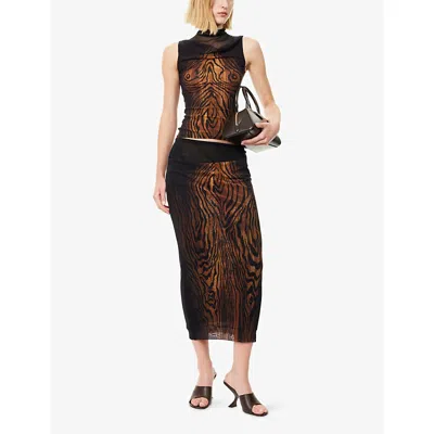 Jean Paul Gaultier Womens Black/brown Printed Slim-fit Woven Midi Skirt