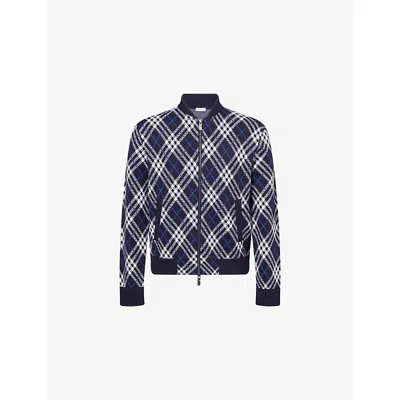 Burberry Mens Ink Ip Chk Check-weave Knitted Bomber Jacket In Blue