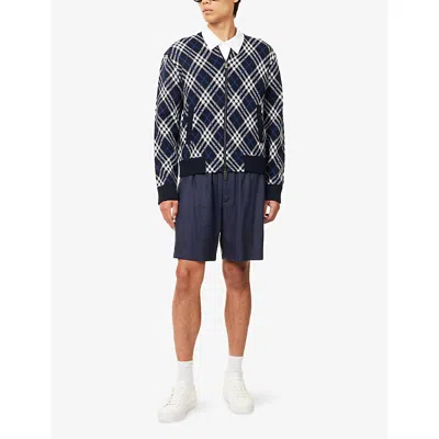 Burberry Mens Ink Ip Chk Check-weave Knitted Bomber Jacket In Blue
