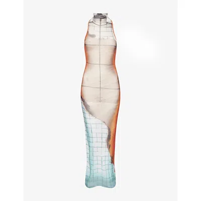 Jean Paul Gaultier Womens Orange/white/black Printed Sleeveless Woven Midi Dress Xs