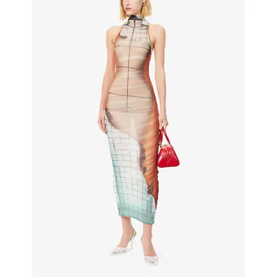 Jean Paul Gaultier Womens Orange/white/black Printed Sleeveless Woven Midi Dress Xs