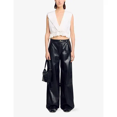 Sandro Womens Ecru V-neck Ruffle-hem Cropped Linen-blend Top In White