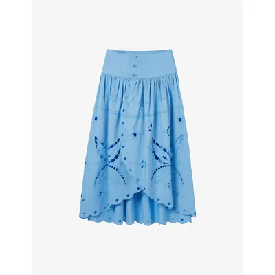 Claudie Pierlot Womens Bleus Embroidered Button-down Cotton Midi Skirt