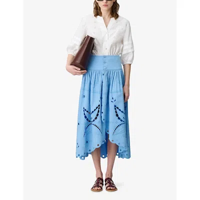 Claudie Pierlot Womens Bleus Embroidered Button-down Cotton Midi Skirt