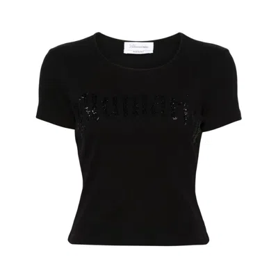 Blumarine Women Logo Ribbed Cotton Cropped T-shirt In Black