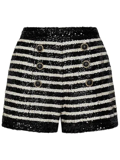 Balmain Black And White Striped Shorts With Jewel Buttons