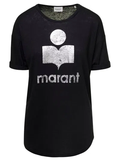 Isabel Marant Étoile 'koldi' Black Crewneck T-shirt With Contrasting Logo In Linen Woman