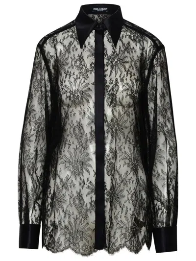 Dolce & Gabbana Black Slim Shirt With Satin Details In Chantilly Lace Woman In Black