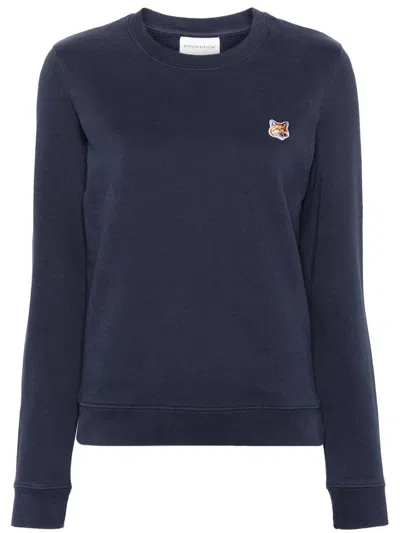 Maison Kitsuné Blue Crewneck Sweater With Fox Head Logo Patch On The Front In Cotton Woman In Blue