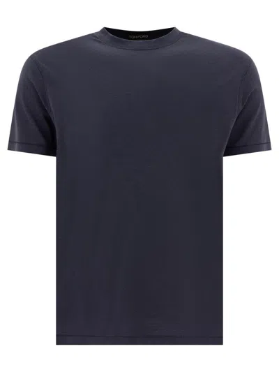 Tom Ford Blue Crew Neck T-shirt With Embroidered Logo In Blue