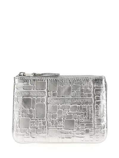 Comme Des Garçons Leather Wallet With Metallic Finish And Textured Surface In White