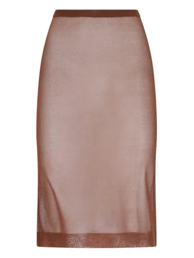 Saint Laurent Sheer Silk Knitted Pencil Skirt Clothing In Brown