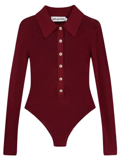 Self-portrait Self Portrait Women Burgundy Viscose Knit Long-sleeved Bodysuit