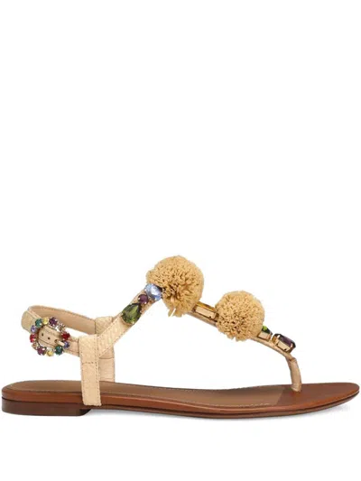 Dolce & Gabbana Embellished Raffia-effect Thong Sandals In Brown