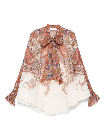 Zimmermann Rhiannon Multicolor Blouse With Tie Closure On The Front And Paisley Print In Ramie Woman In Pink