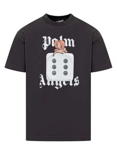 Palm Angels Black T-shirt With Front Dice And Logo Print In Black