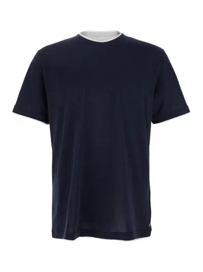 Eleventy Black Crewneck T-shirt With Layered Collar In Cotton Man In Blue