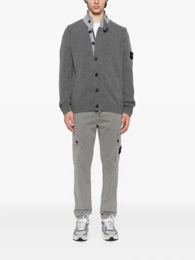 Stone Island Knit Button-up Jumper In Lamb Wool And Nylon Blend In Gray